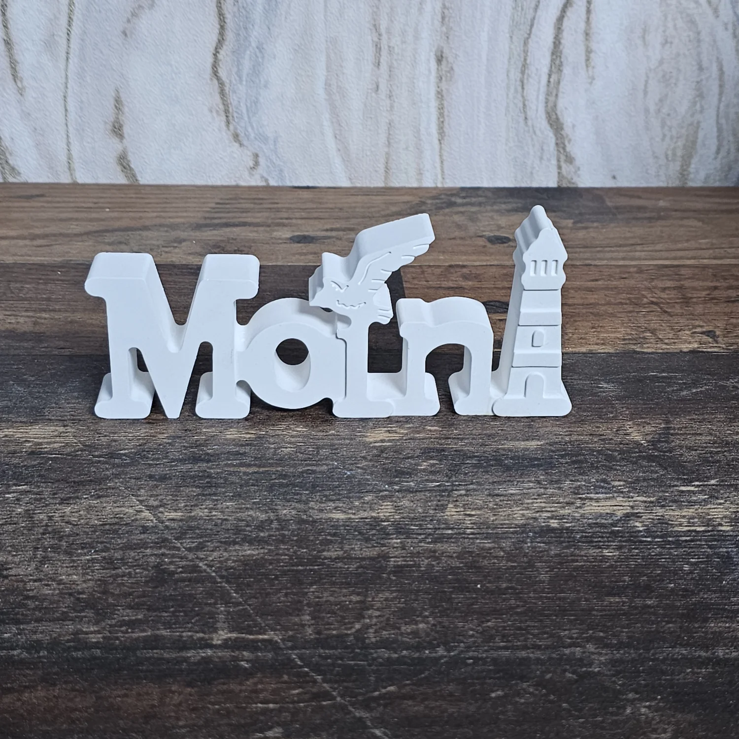 „Moin“ Deko Schriftzug maritim – mit Möwe & Leuchtturm – Nordsee Küsten Deko